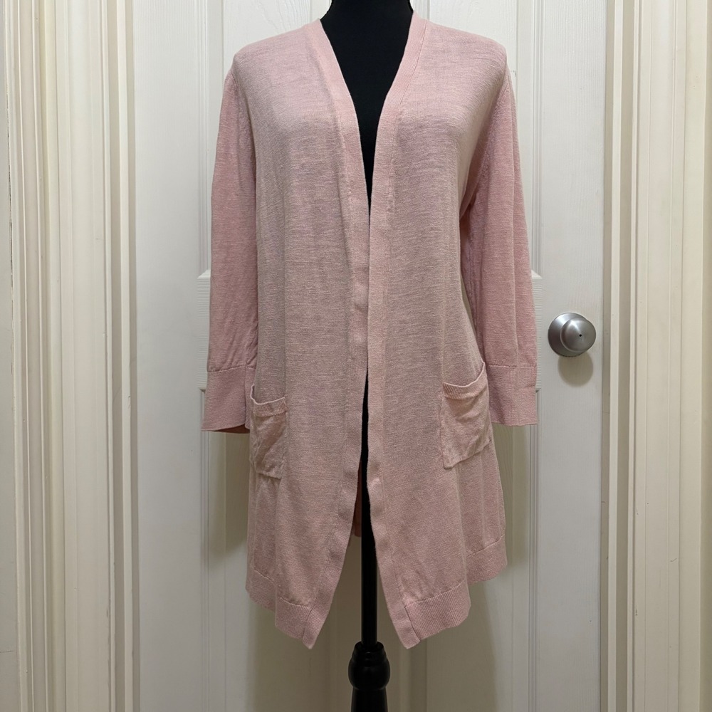 Jones Studio Open Front Linen Blend Knit Cardigan Sweater Pink XL Long Duster